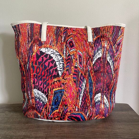 Bebe Women’s White Multicolored Peacock Design Large Beach Work School Tote Bag - Picture 3 of 9